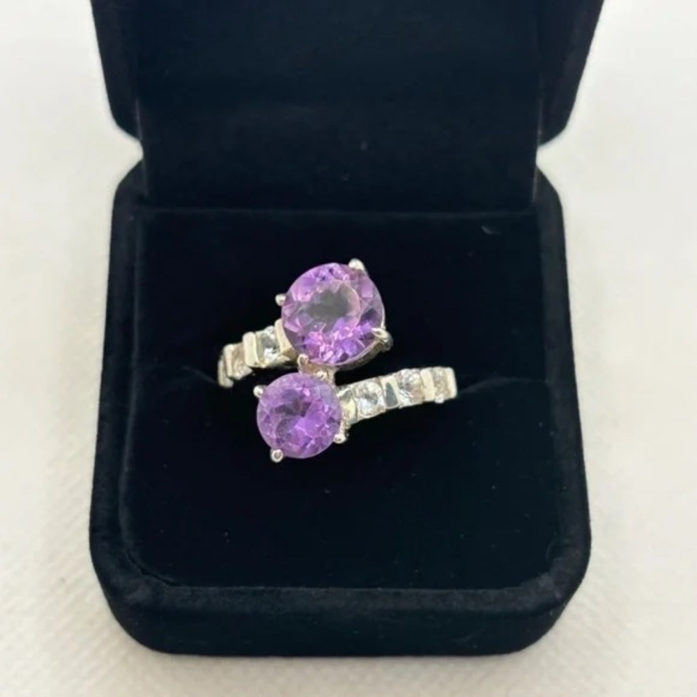 Cocktail Ring, .925 Sterling Silver, 2 Amethyst & 6 White Topaz gems, SZ 9, 9.4g